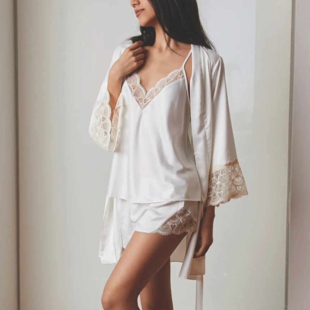 Satin & Lace Lounge Set – 3 Piece in Ivory (Robe, Camisole & Shorts) NWT